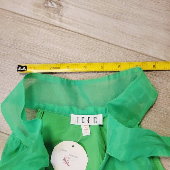 TCEC Hot Green Sleeveless Dress Bow Ribbon Neck Tie Ruffle Size Large - Picture 7 of 7